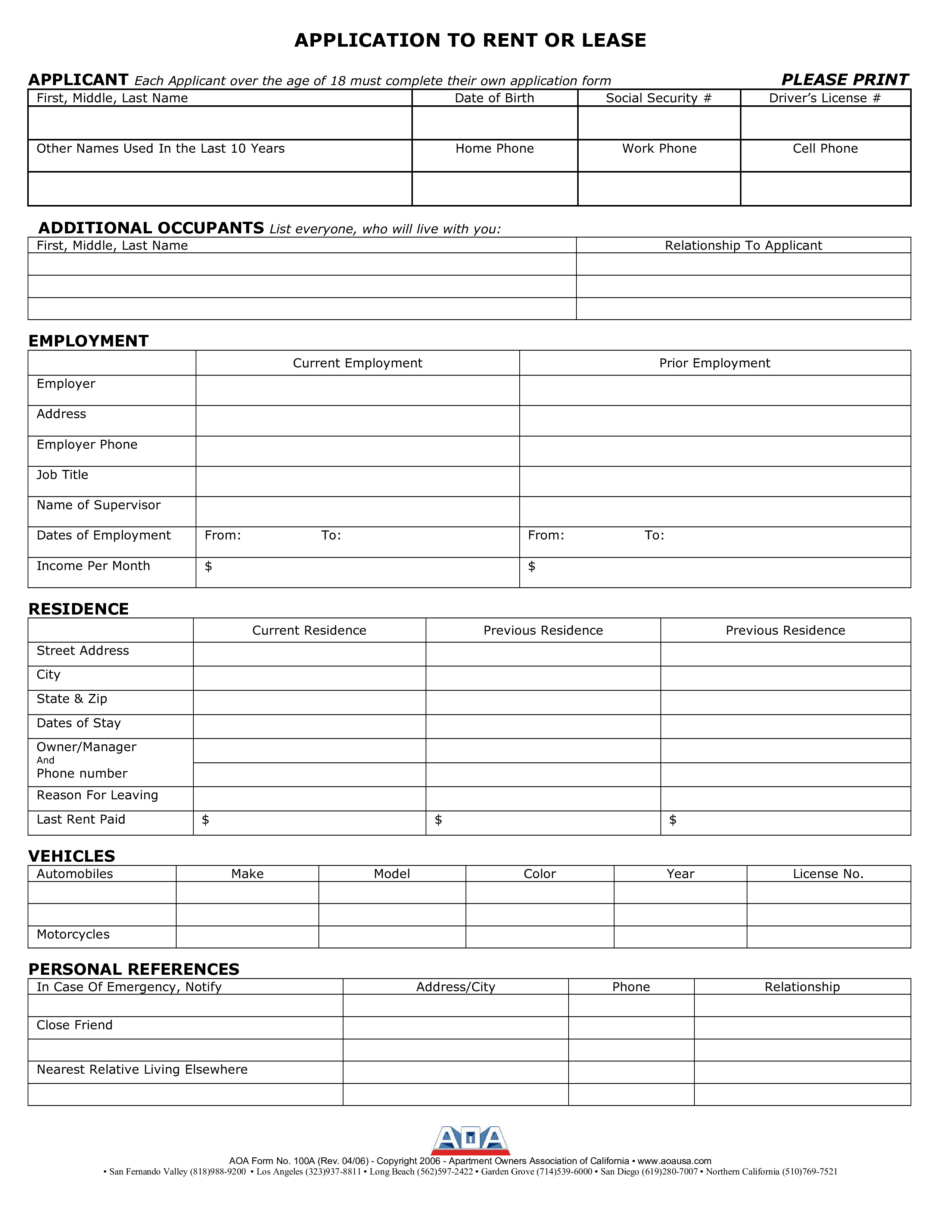 lease rental application form template