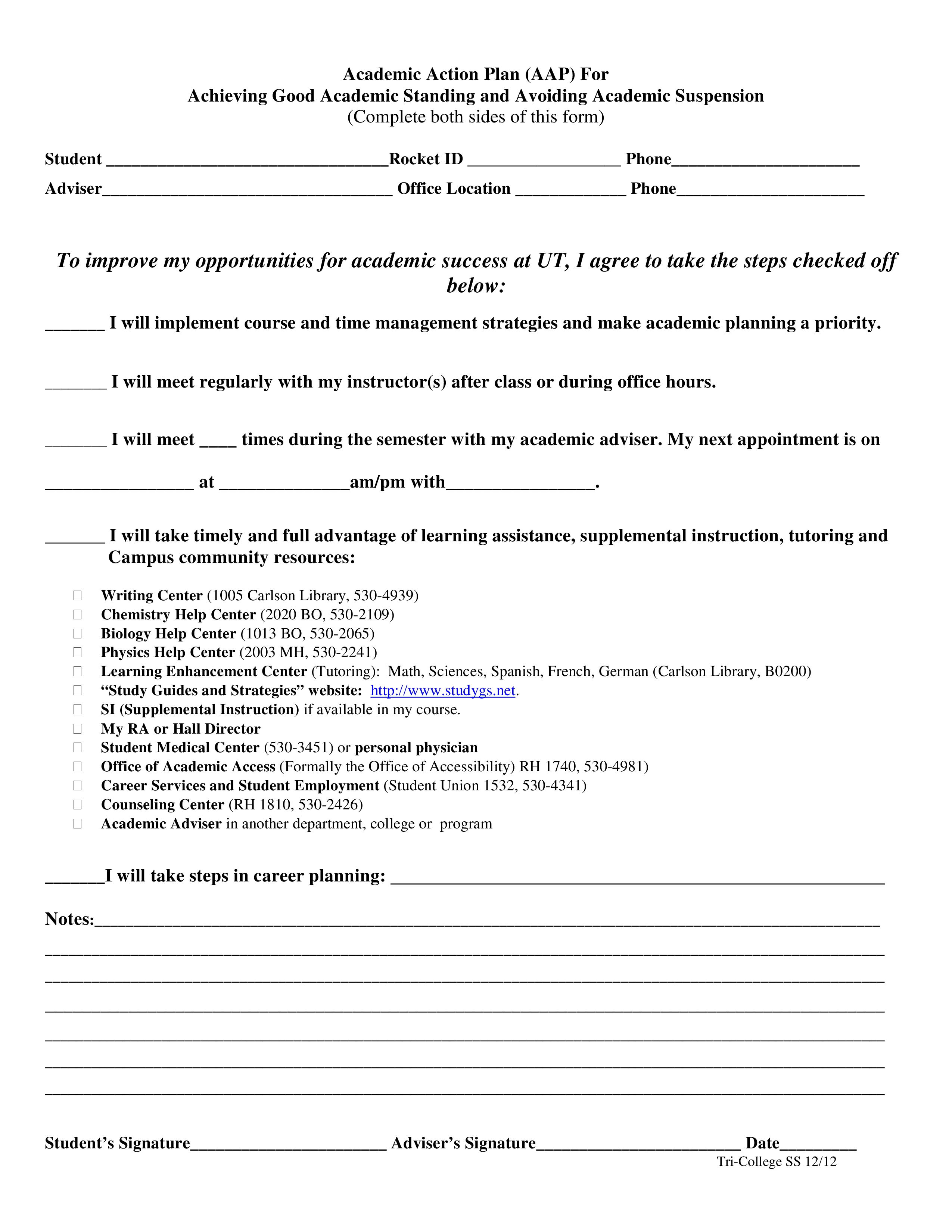 academic action plan modèles