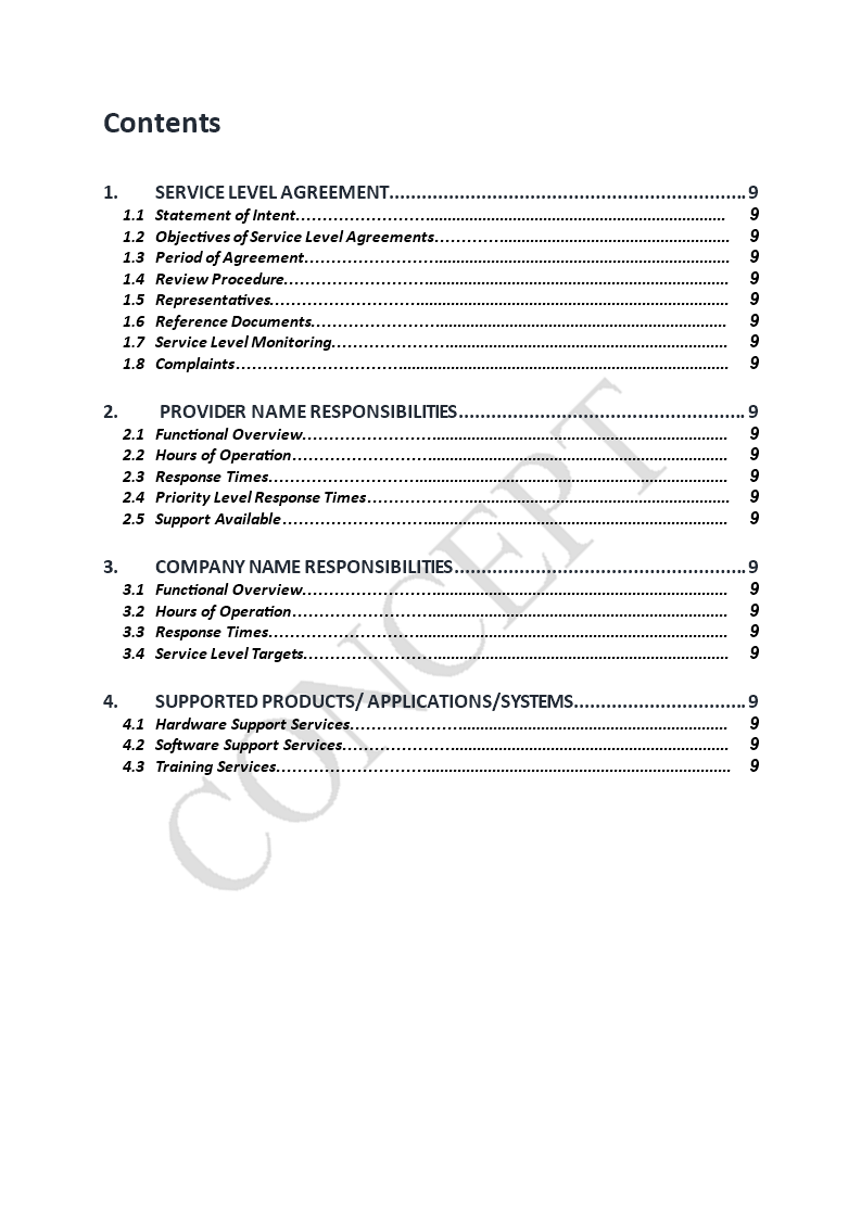 service level agreement (sla) template template