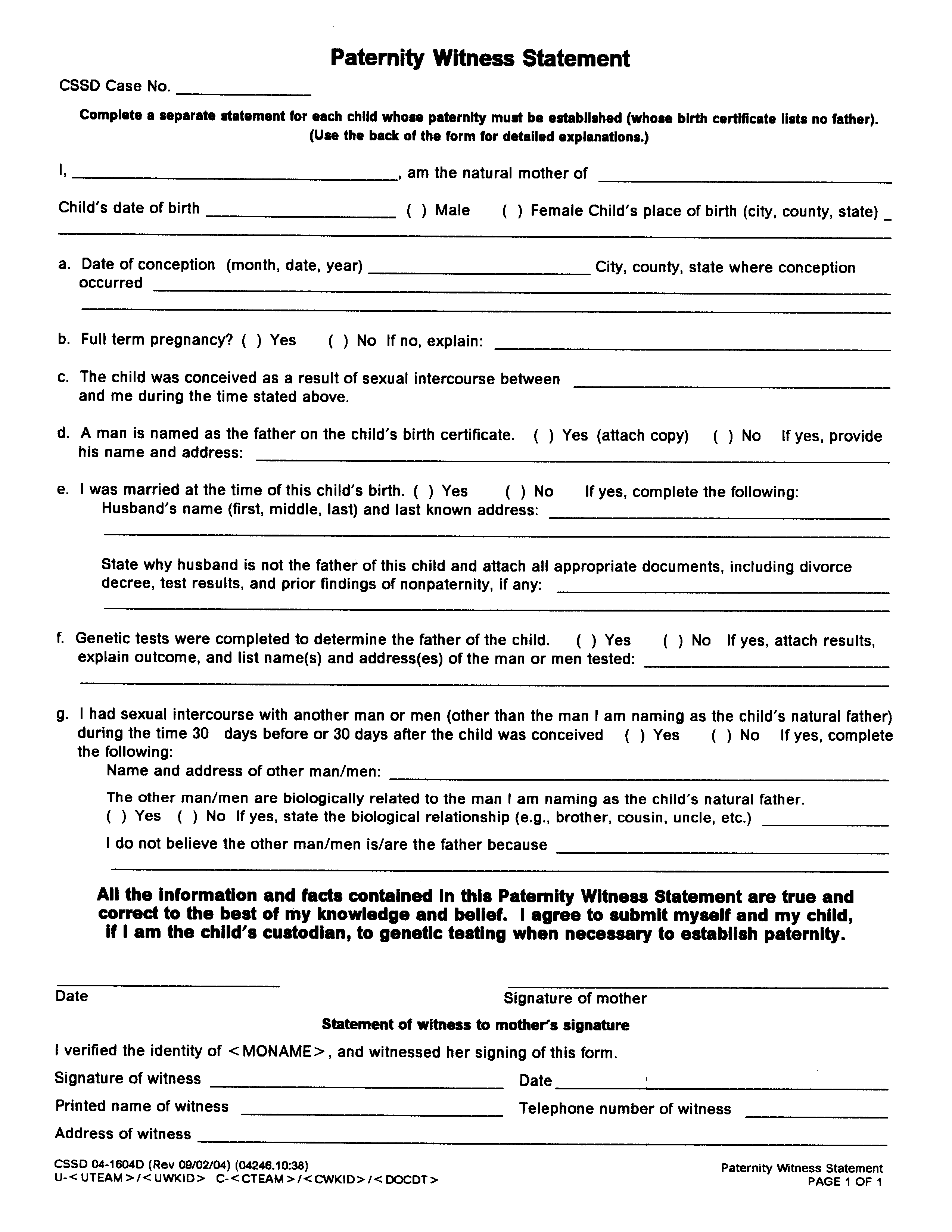 paternity witness statement form template