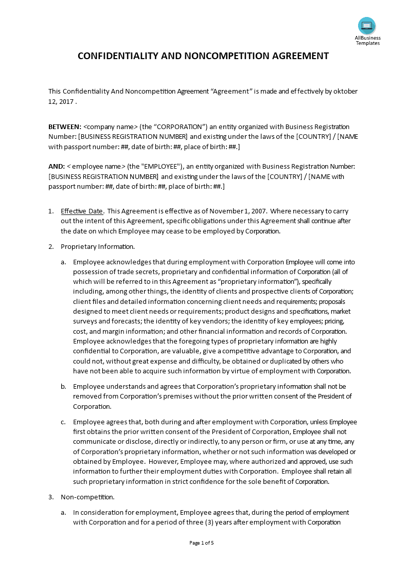 hr confidentiality and noncompetition agreement template