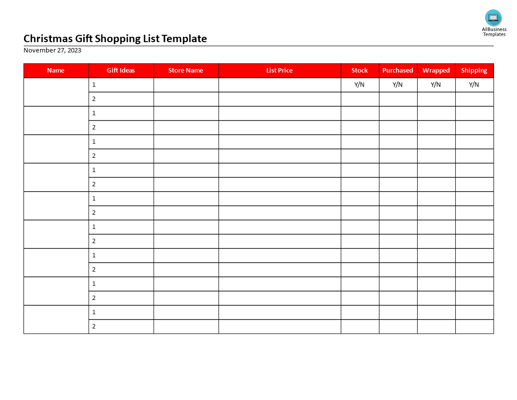 x-mas gift shopping list template