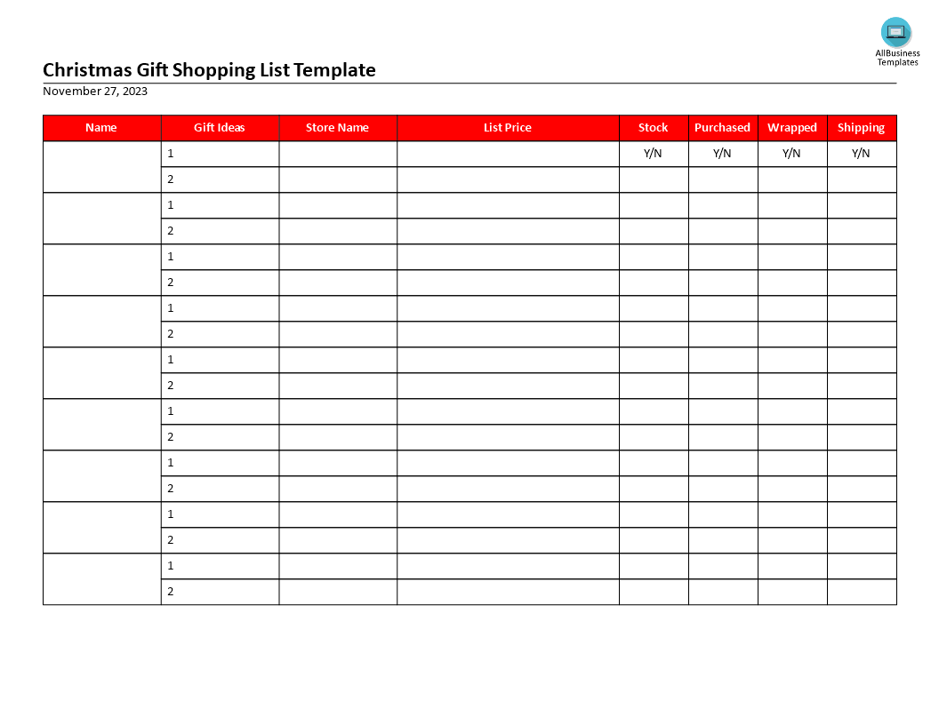 X-mas Gift Shopping List 模板