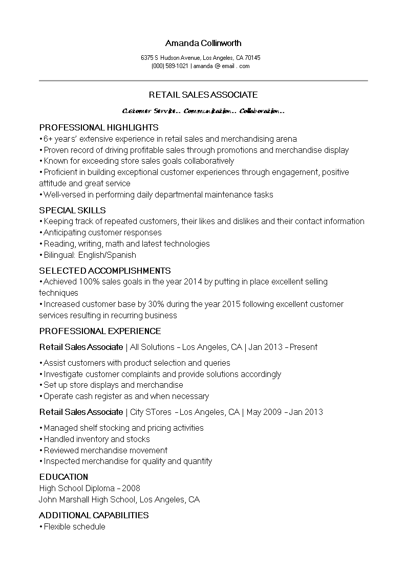 retail sales associate cv template template