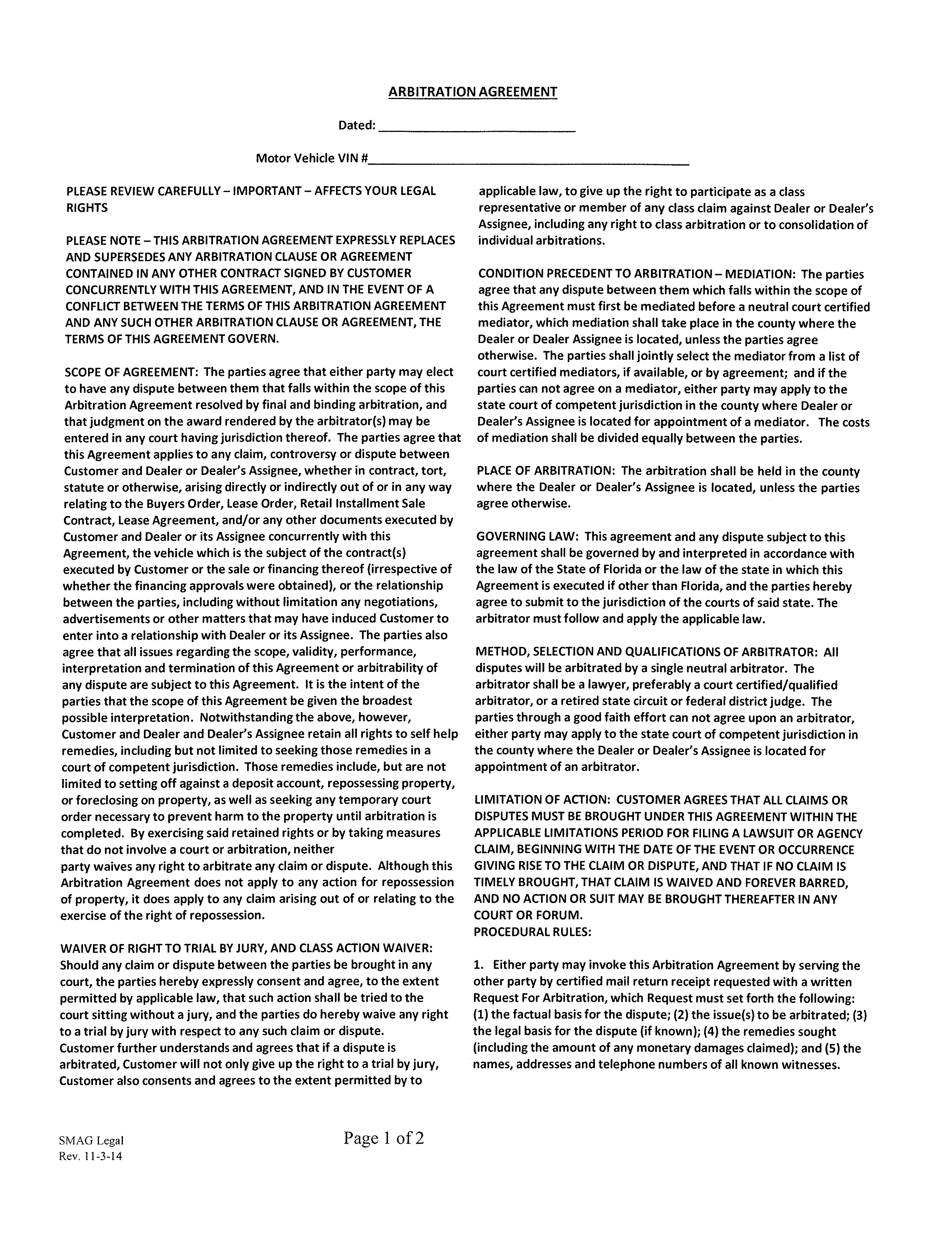 vehicle arbitration agreement template