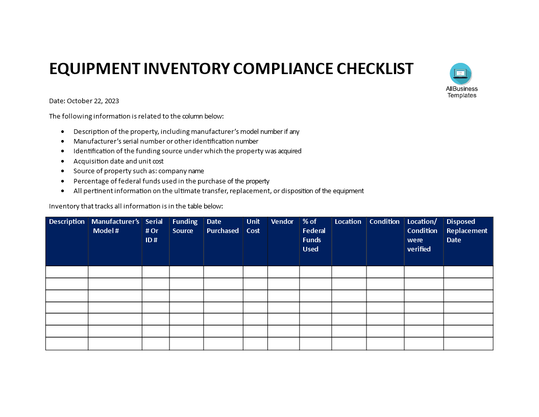 equipment inventory list template