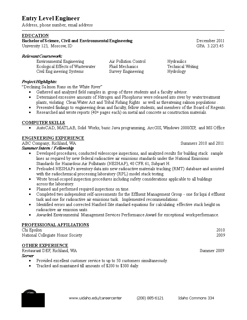 resume for entry level civil engineering modèles