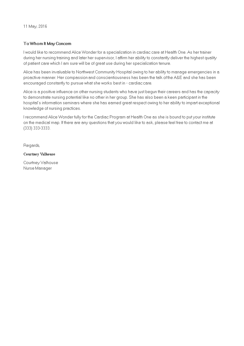 Nursing Student Reference Letter | Templates At Allbusinesstemplates.com