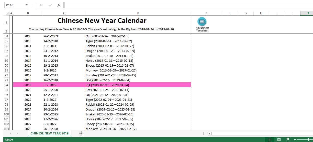 chinese new year calendar 2019 excel overview voorbeeld afbeelding 