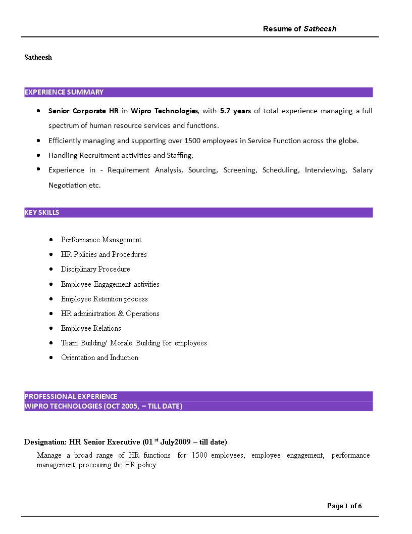 Senior Corporate Hr Resume 模板