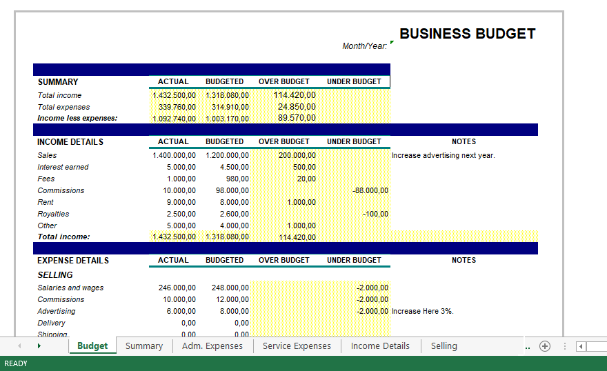 Small Business Budget 模板