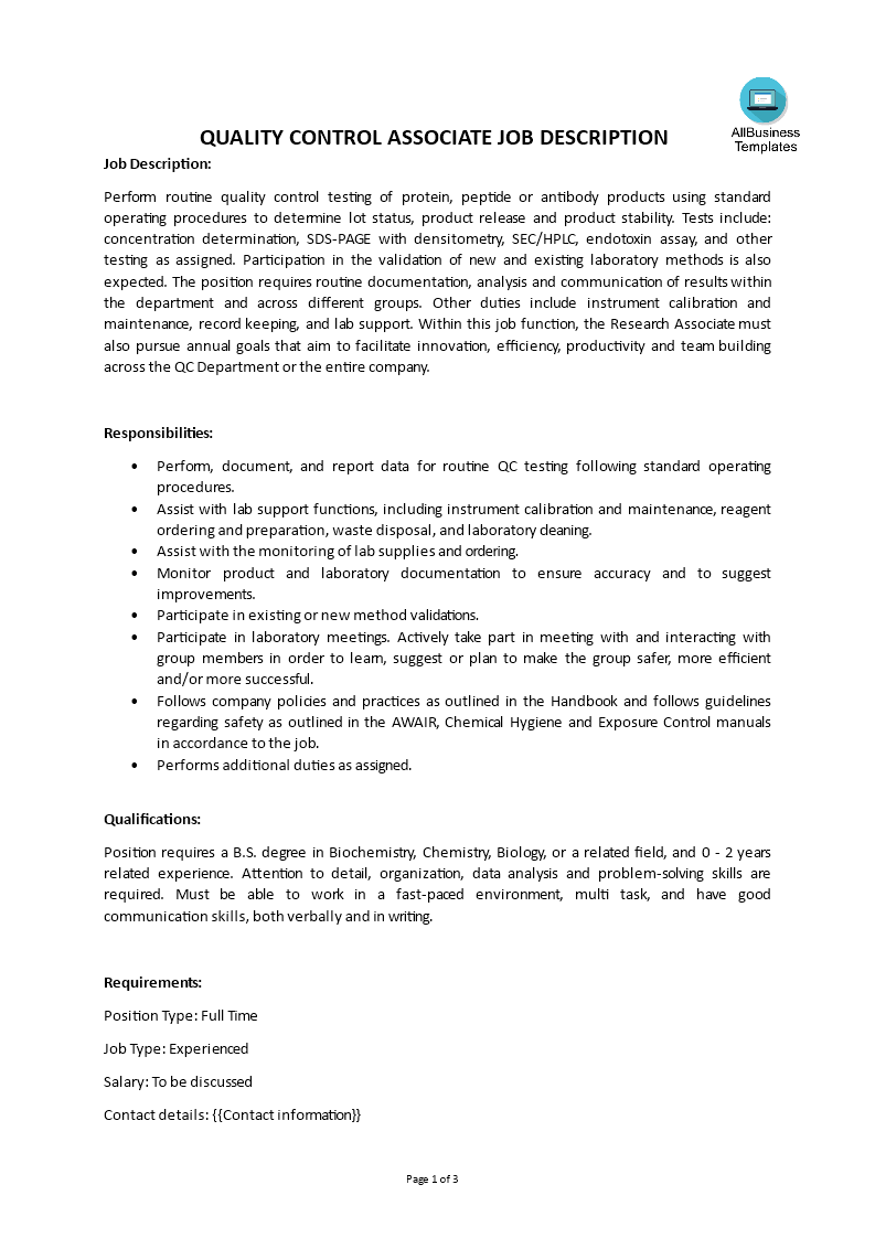 quality control associate job description template