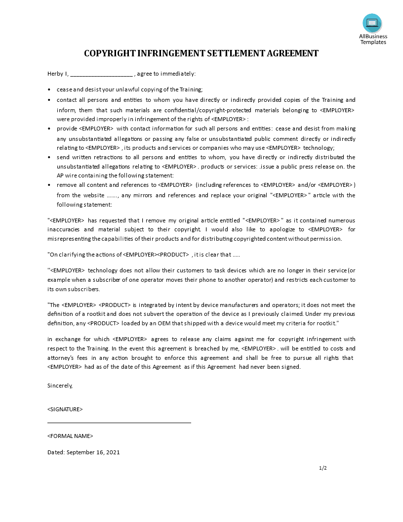 Copyright Infringement Settlement Agreement - Premium Schablone Inside damages settlement agreement template Copyright Infringement Settlement Agreement - Premium Schablone Inside damages settlement agreement template