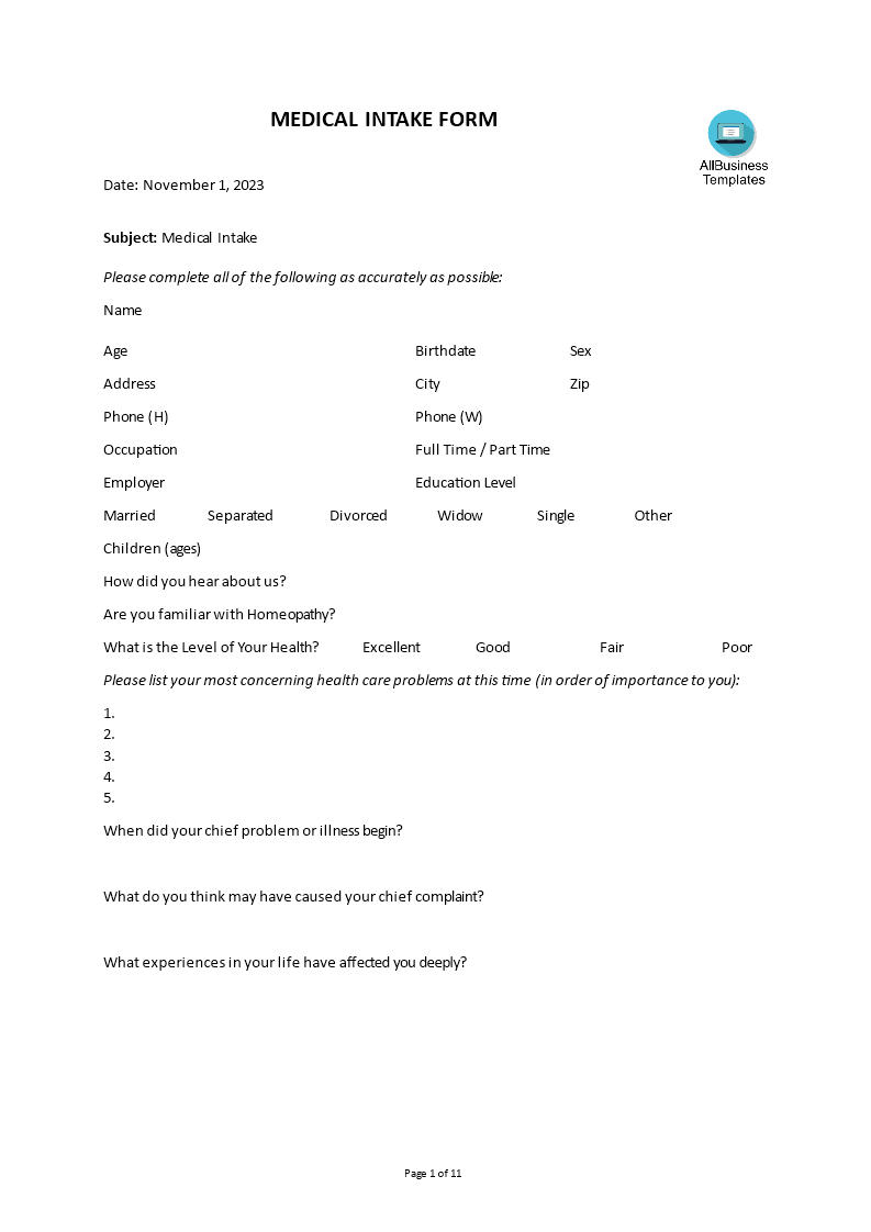 medical intake form Hauptschablonenbild