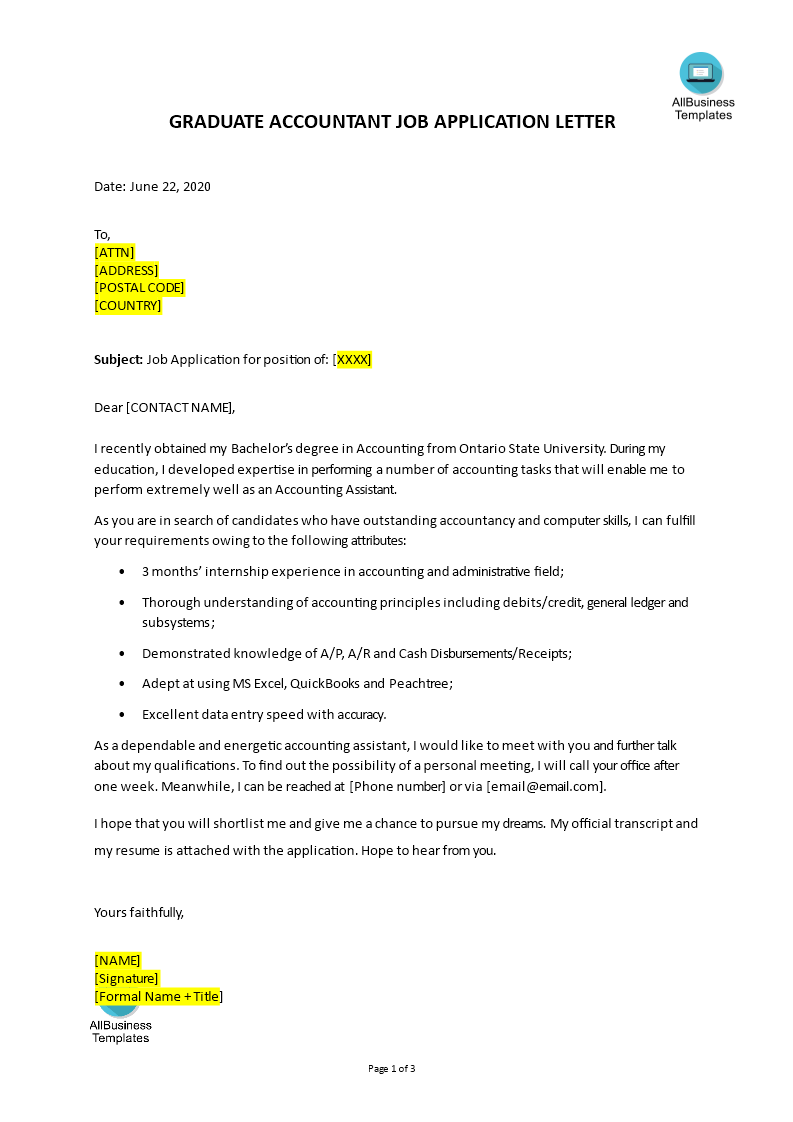 graduate accountant job application letter template