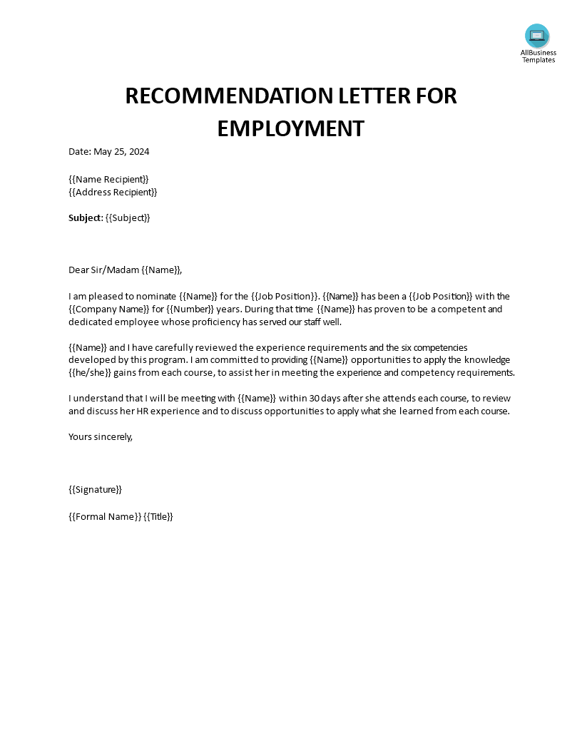 short letter of recommendation for employment voorbeeld afbeelding 