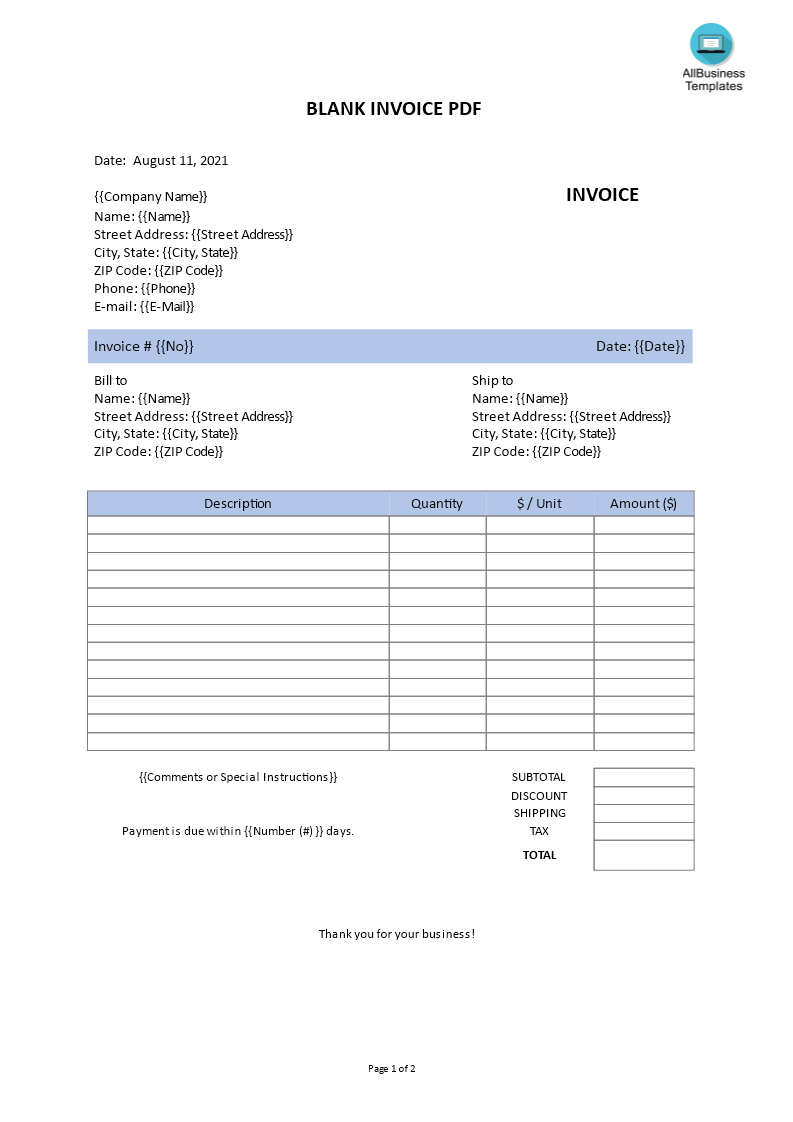 blank invoice Hauptschablonenbild