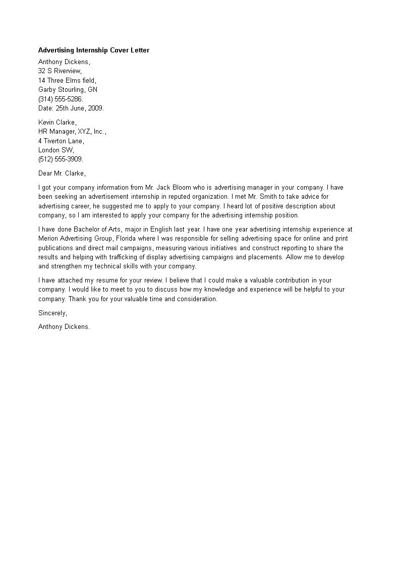 advertising internship cover letter template