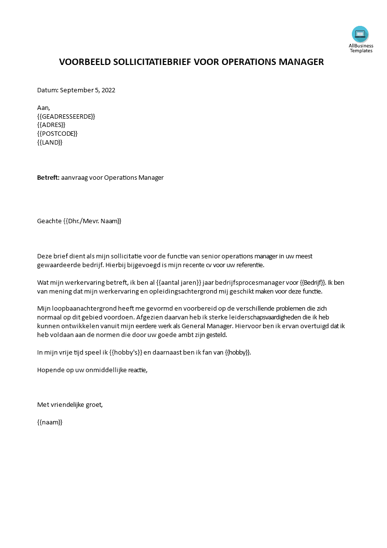 job application letter senior operations manager template