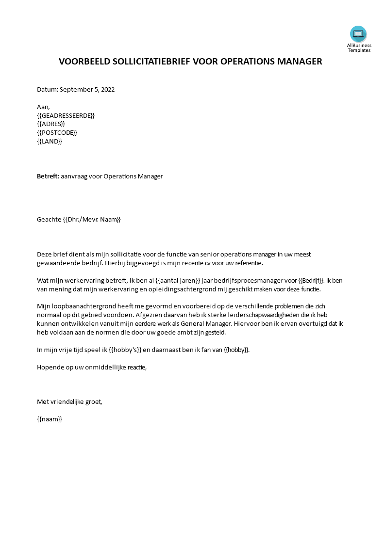 job application letter senior operations manager voorbeeld afbeelding 