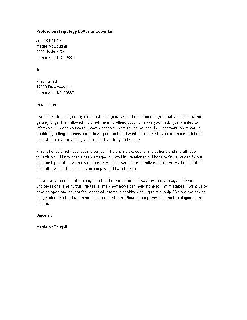 Professional Apology Letter to Coworker main image