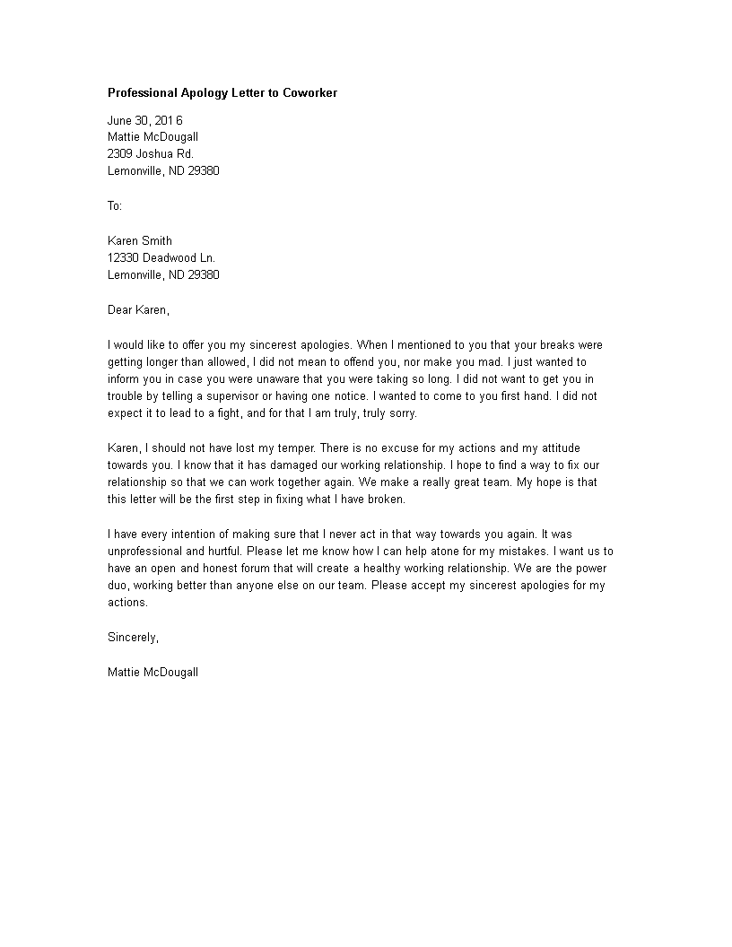 professional apology letter to coworker template