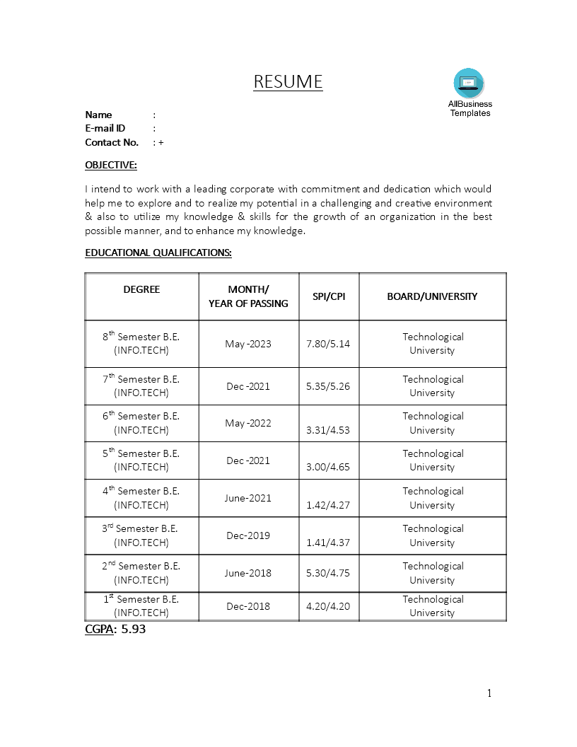 engineering fresher resume plantilla imagen principal