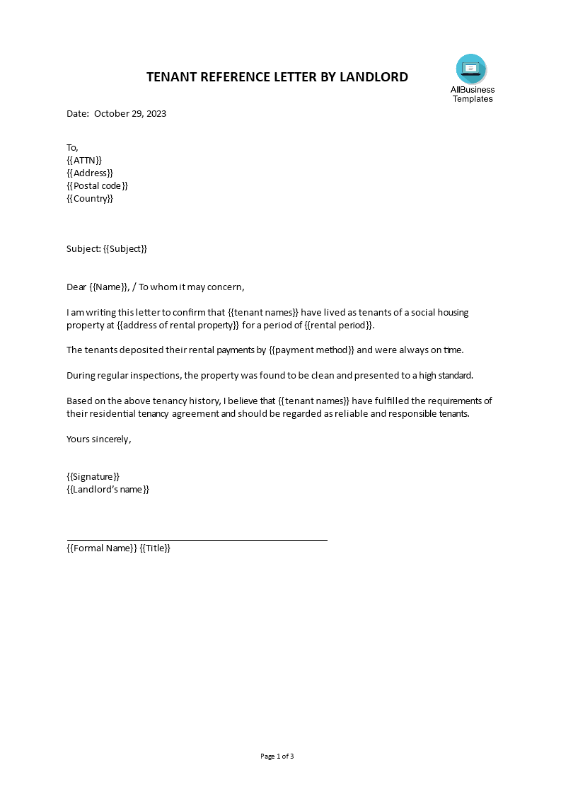 tenant rental reference letter by landlord template