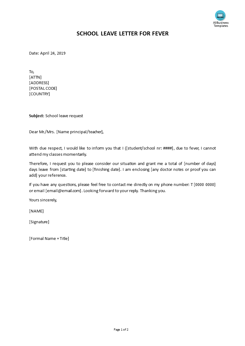 school leave letter for fever template