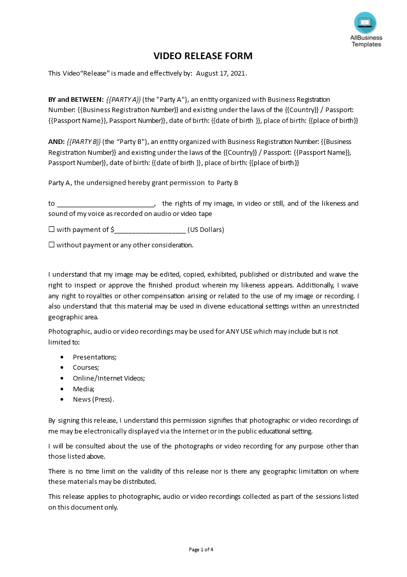 Video Release Form Template main image