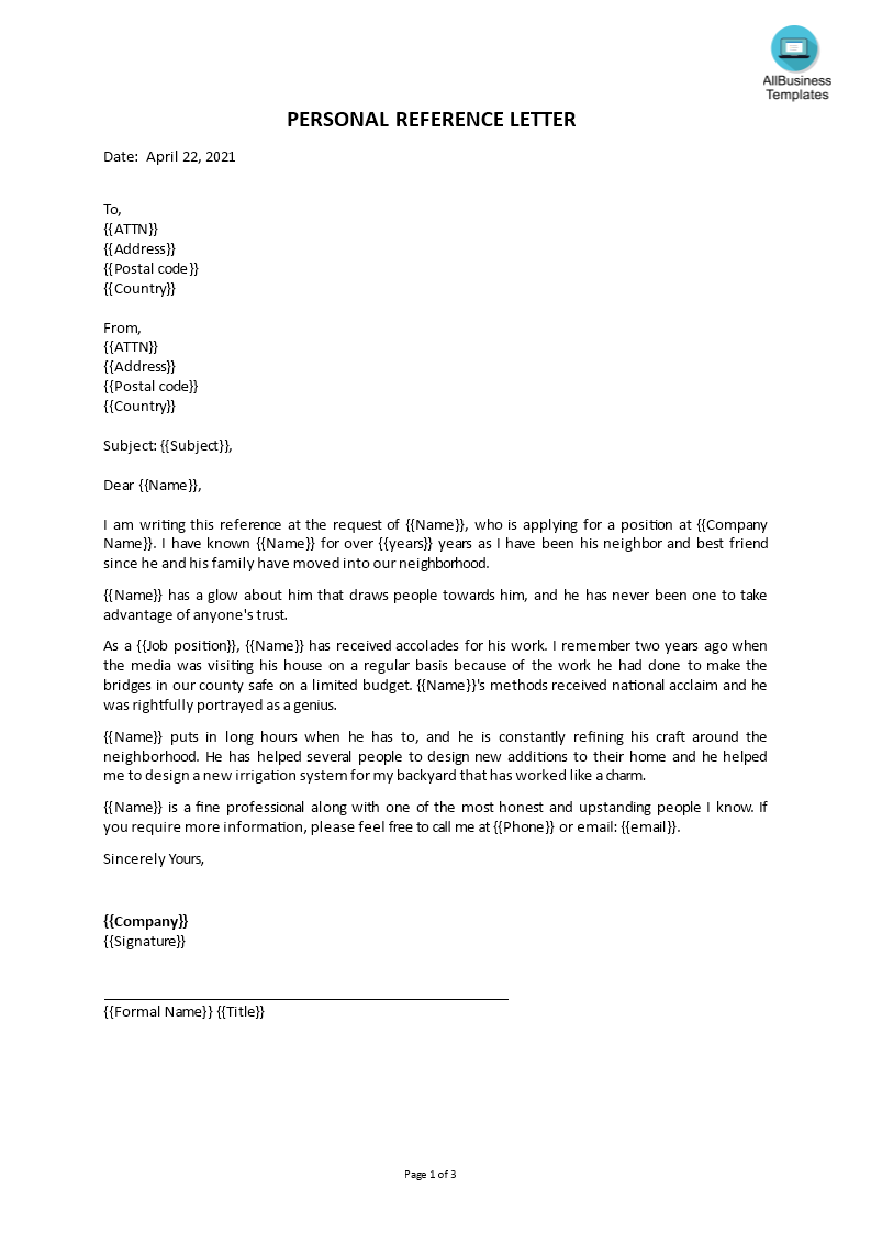 personal job reference letter voorbeeld afbeelding 