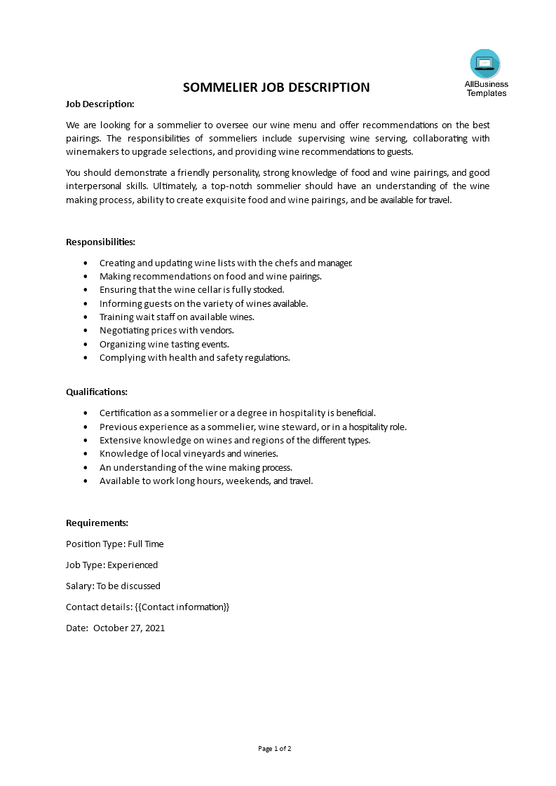 sommelier job description template