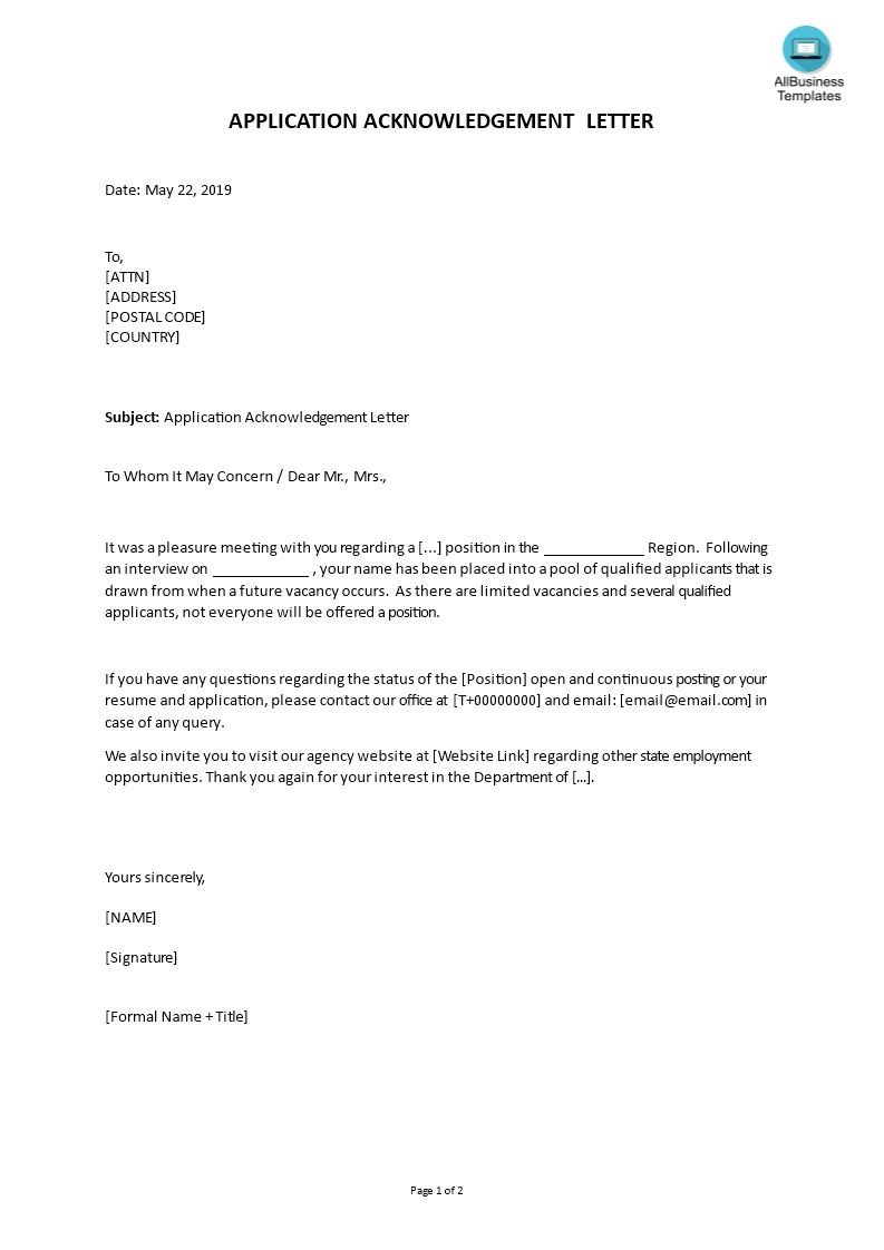 application acknowledgement letter example template