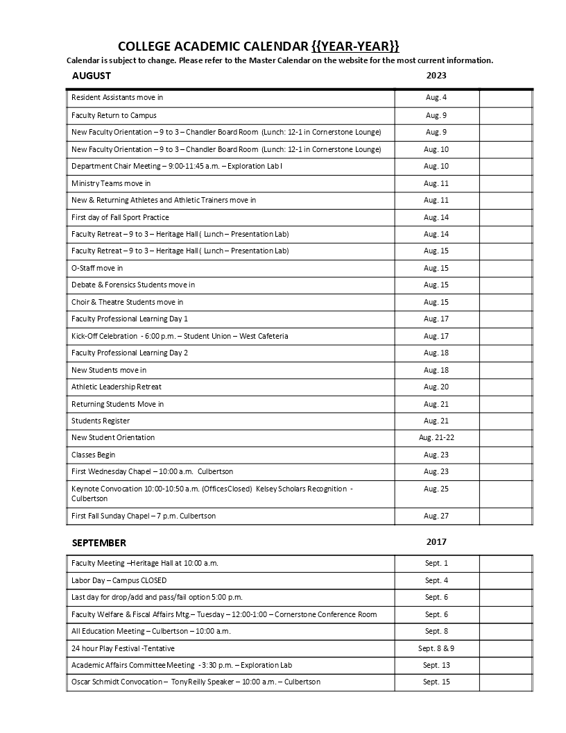 college academic calendar example template