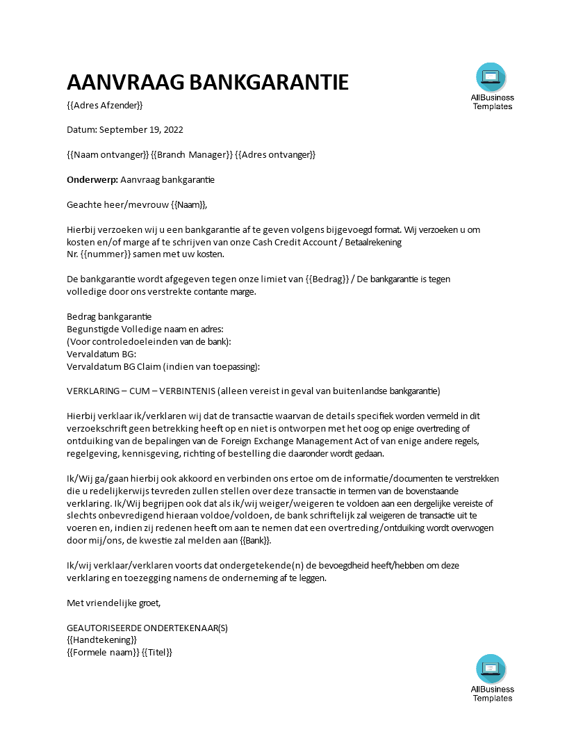 bankgarantiebrief voorbeeld afbeelding 