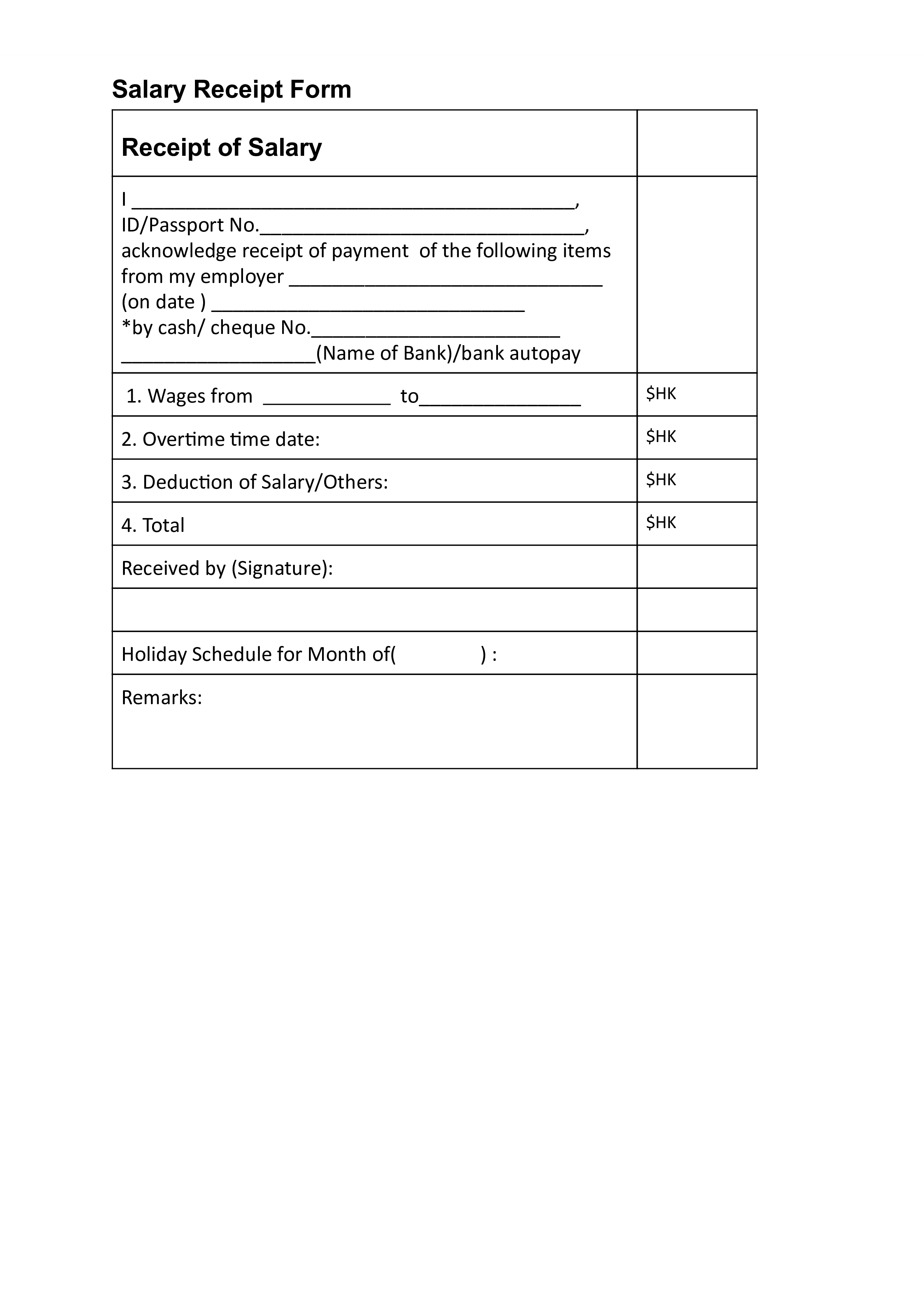 salary payment receipt modèles