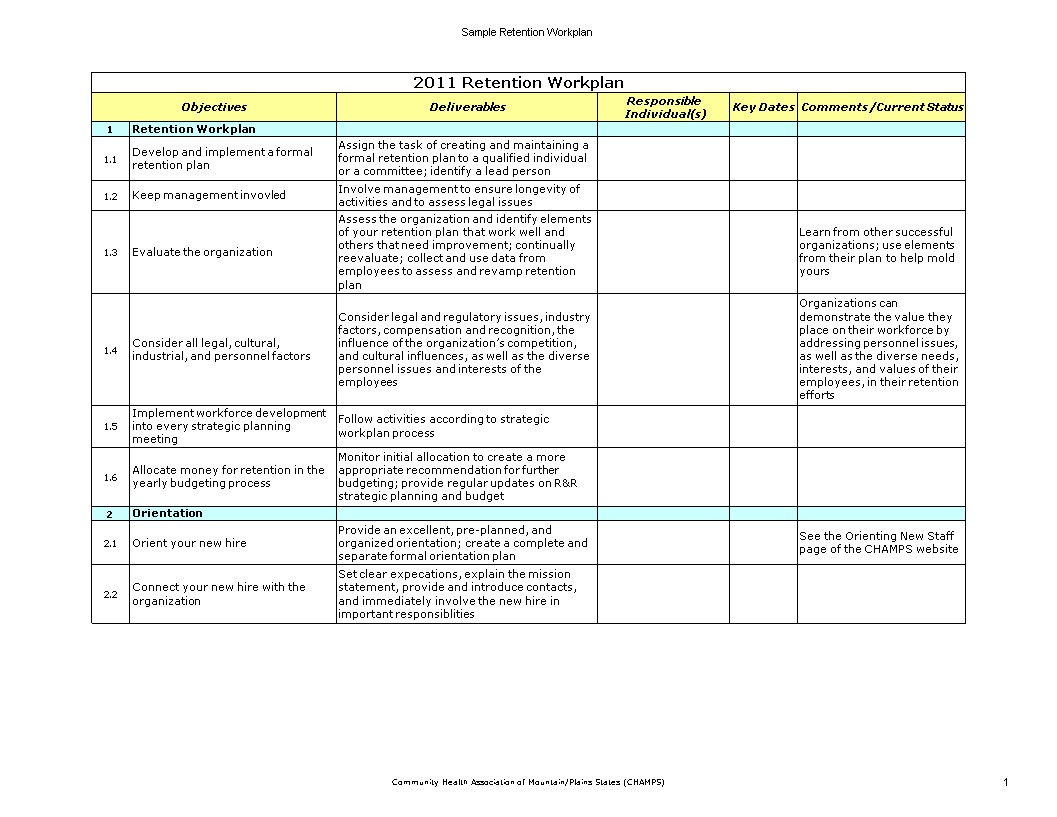 sample retention workplan excel modèles