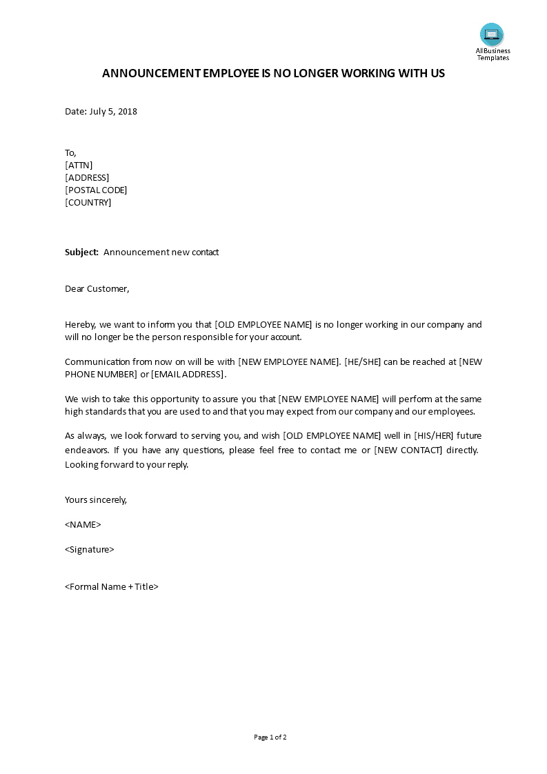 Customer Letter For Departed Employee | Templates at ...