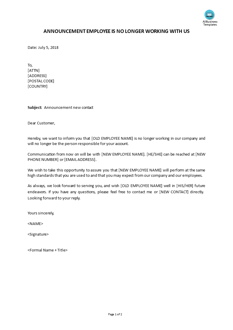 customer letter for departed employee voorbeeld afbeelding 