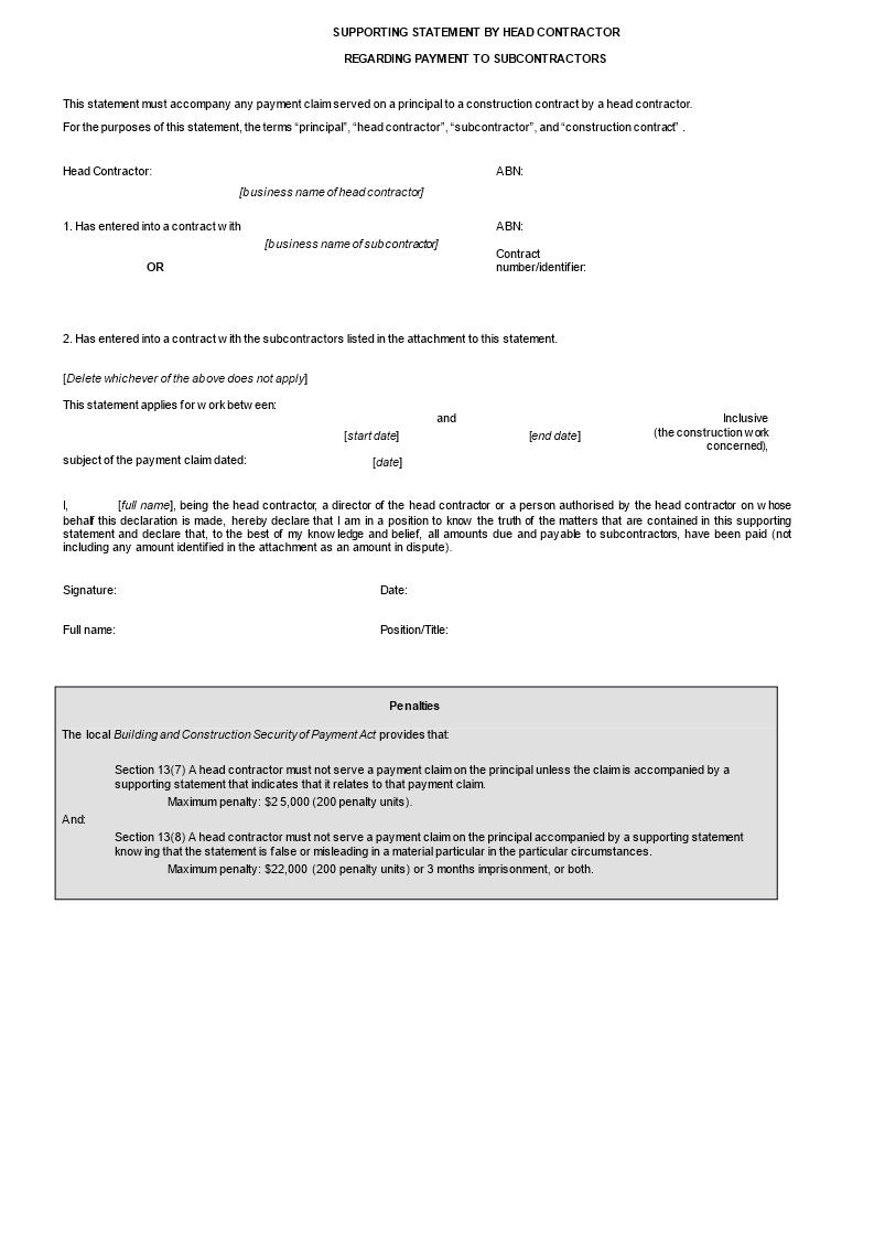 contractor supporting statement template