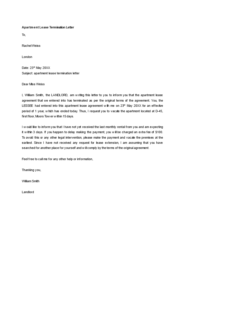 apartment lease termination letter template