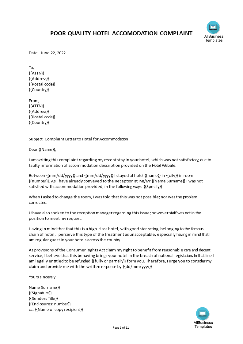 complaint letter to hotel for accommodation modèles