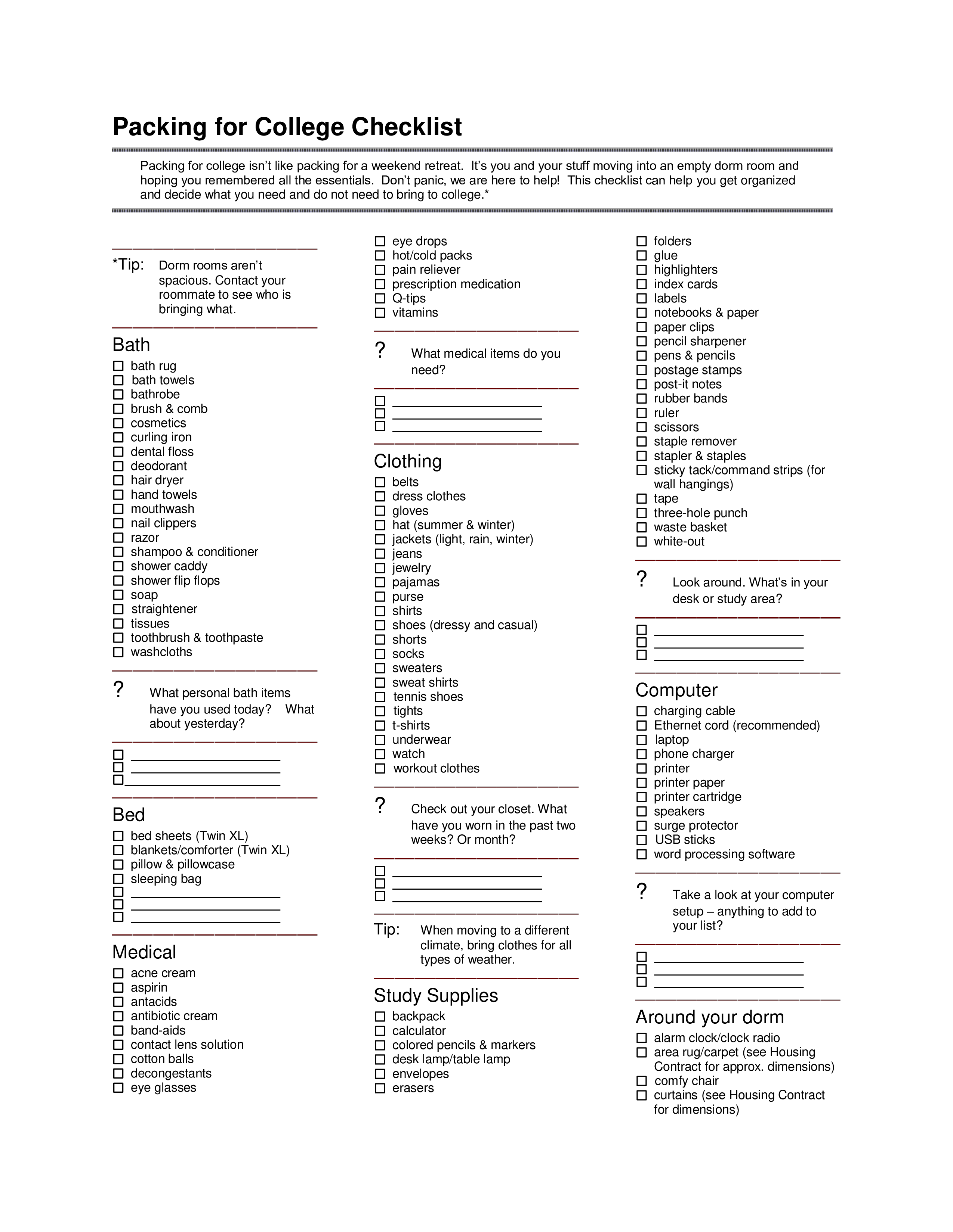 packing for college checklist template