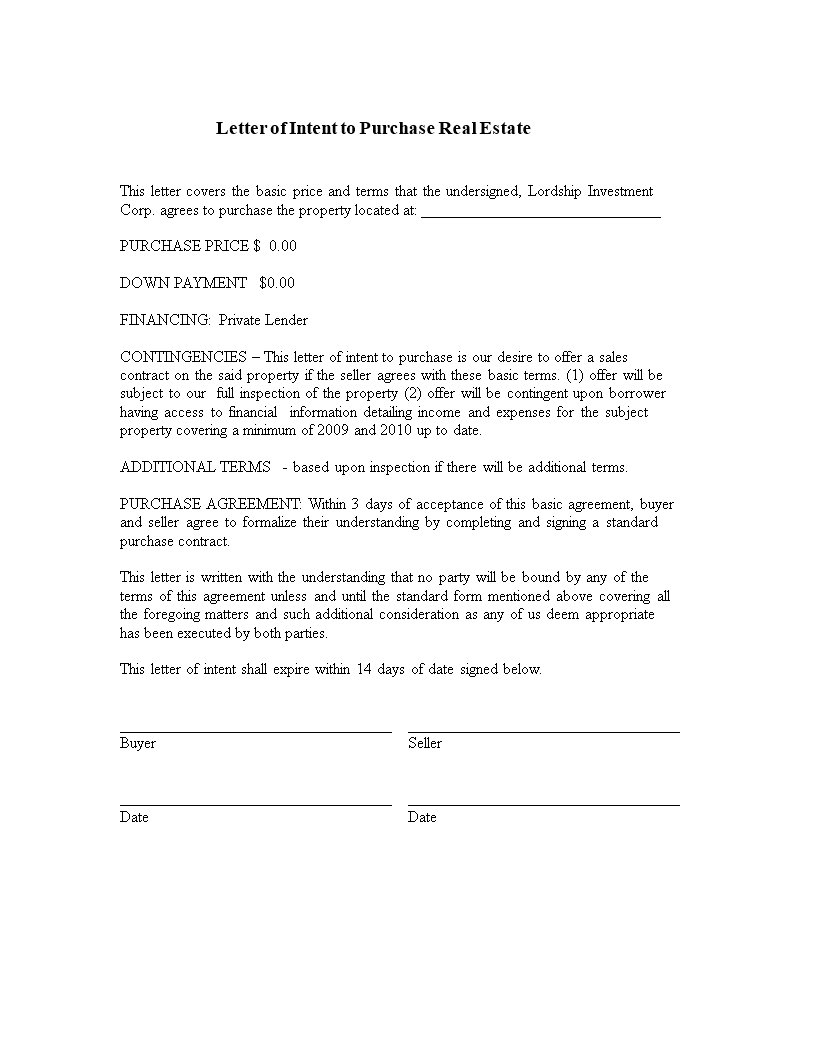 Kostenloses Formal Purchase Offer Letter In Letter Of Intent For Real Estate Purchase Template