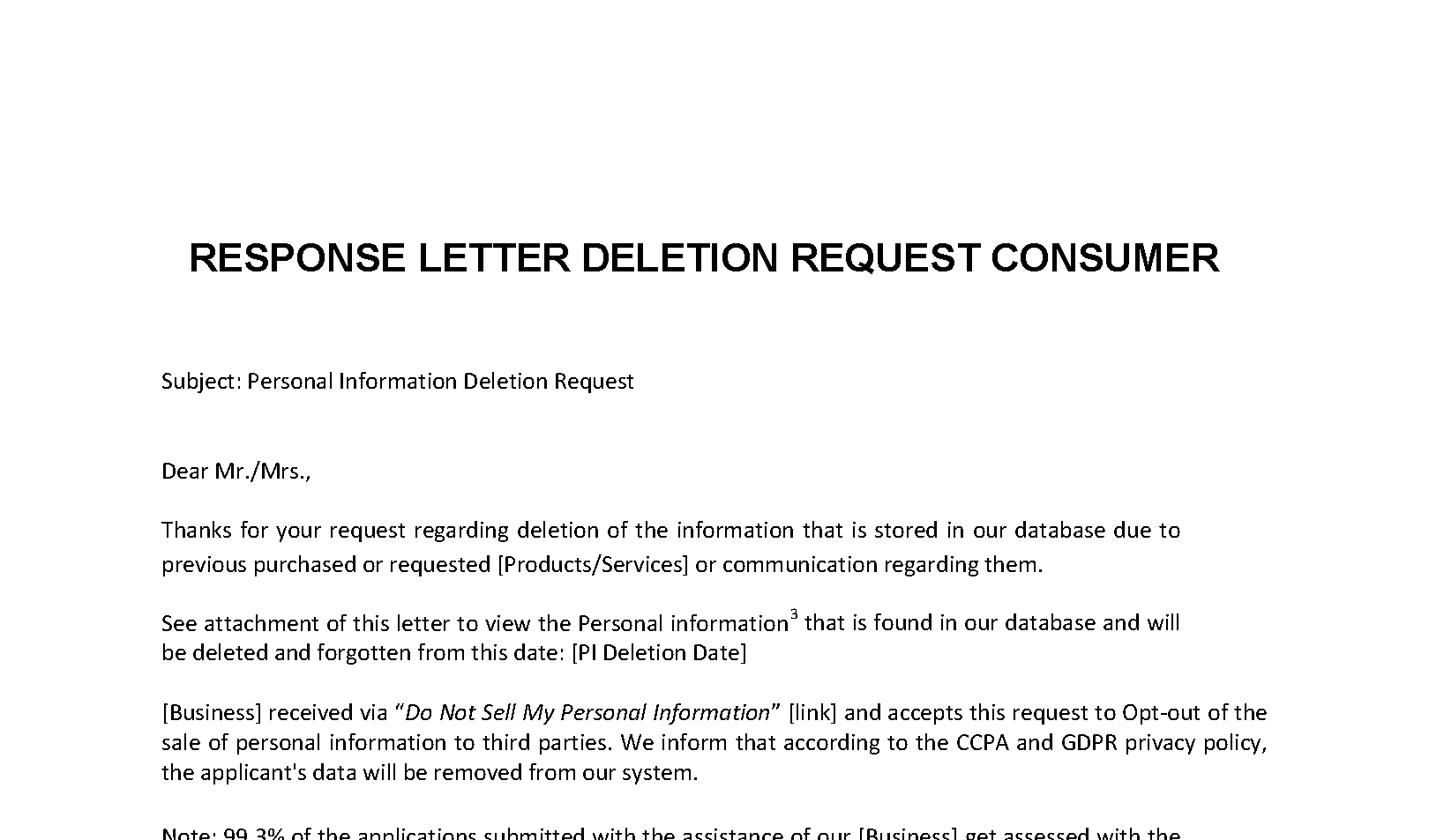 CCPA Response Letter Deletion Request 模板