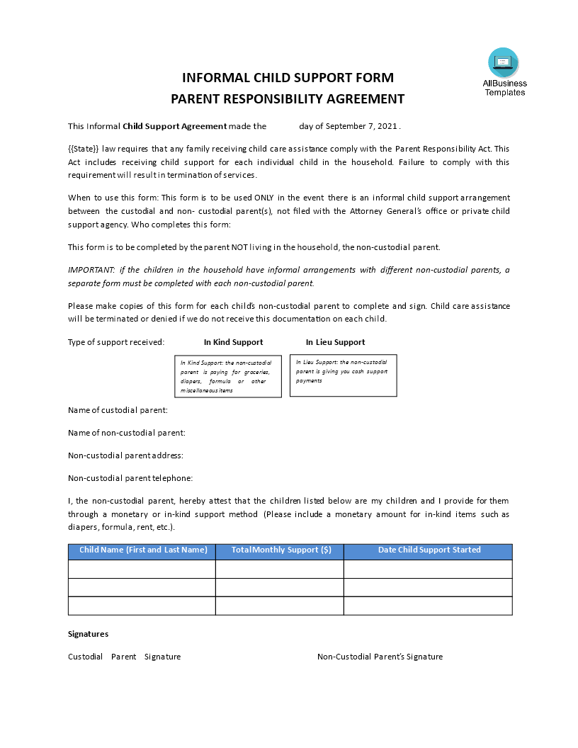 Child Support Payment Agreement Template from www.allbusinesstemplates.com