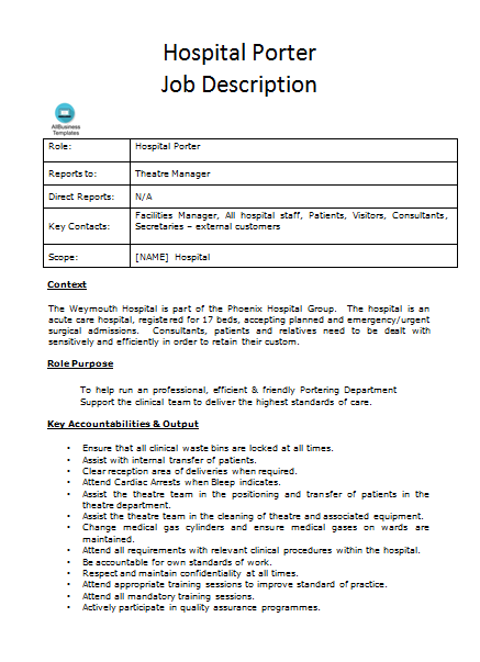 hospital porter job description template