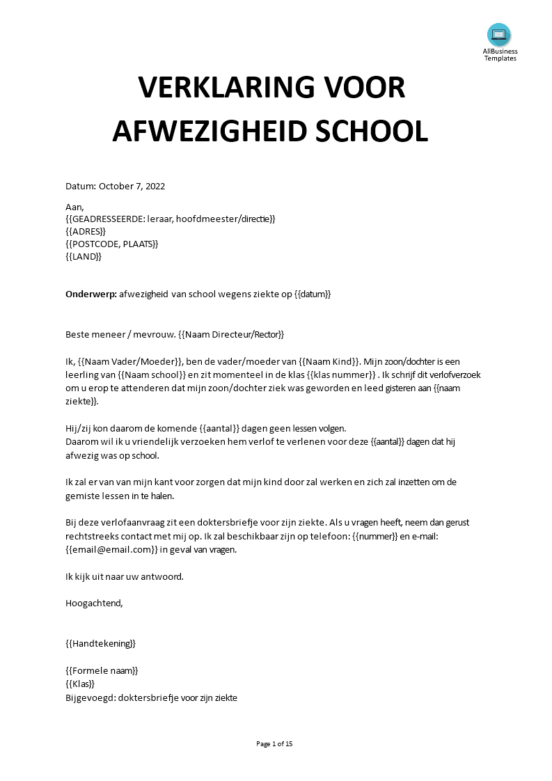 ziekteverlof voor school template