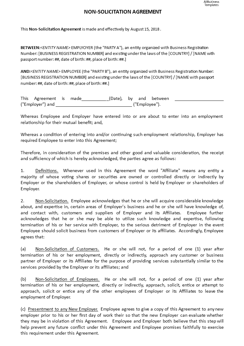 NonSolicitation Agreement Templates at