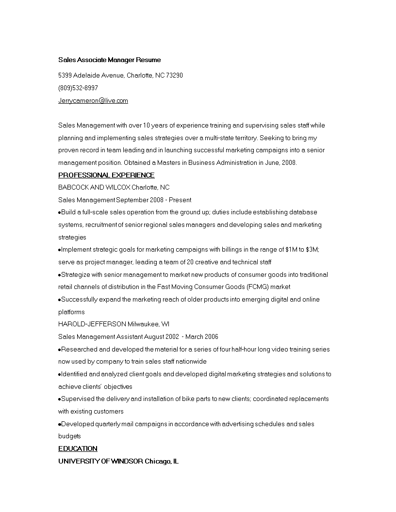 Sales Associate Manager Resume 模板